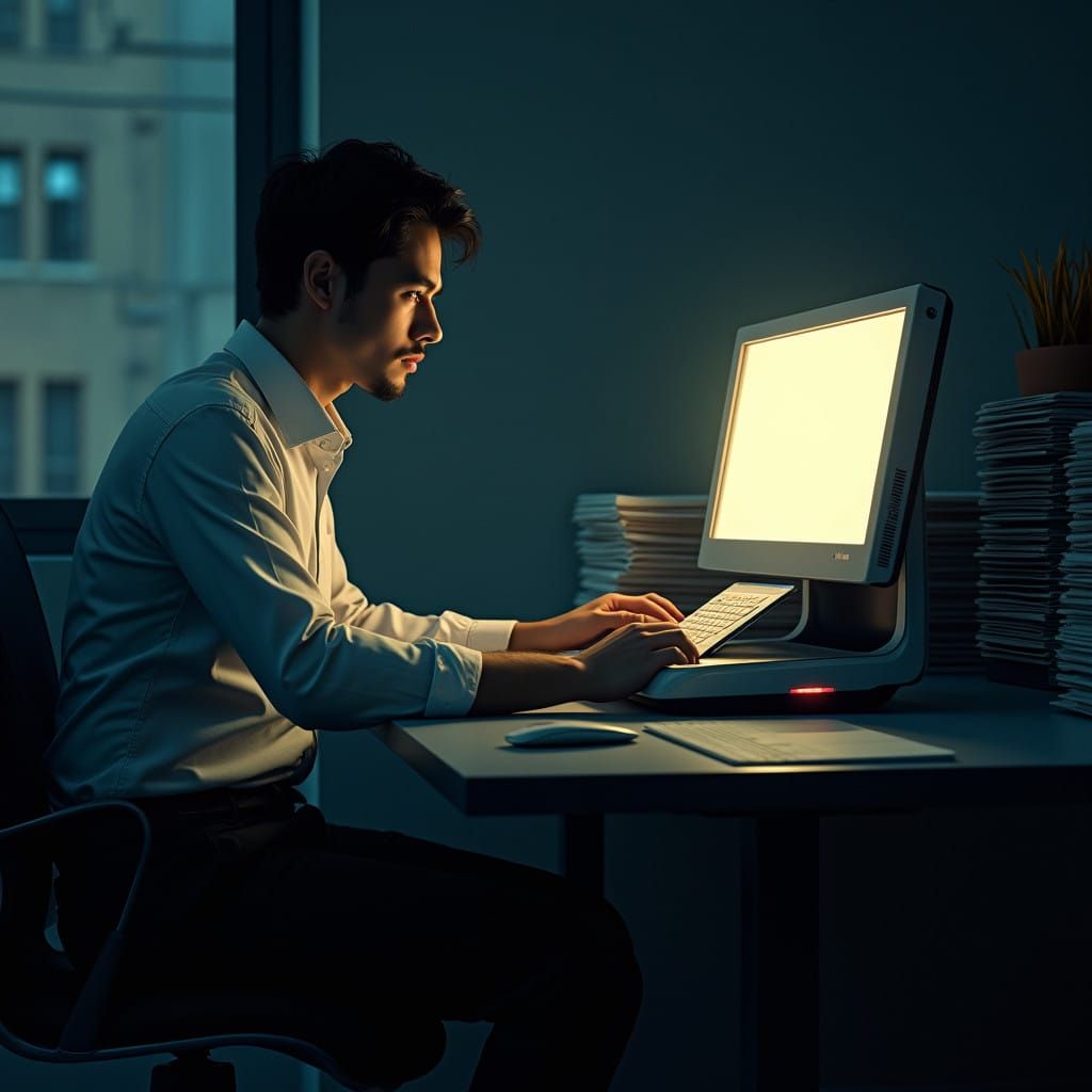 Futuristic Office Scene: Scanner in Dimly Lit Workspace