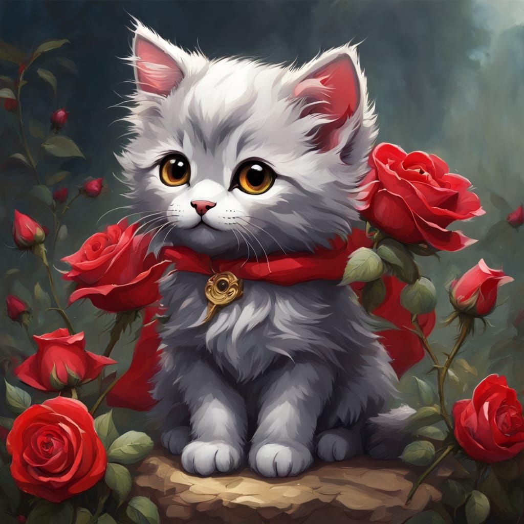 Chibi Kitten Amidst Vibrant Red Roses