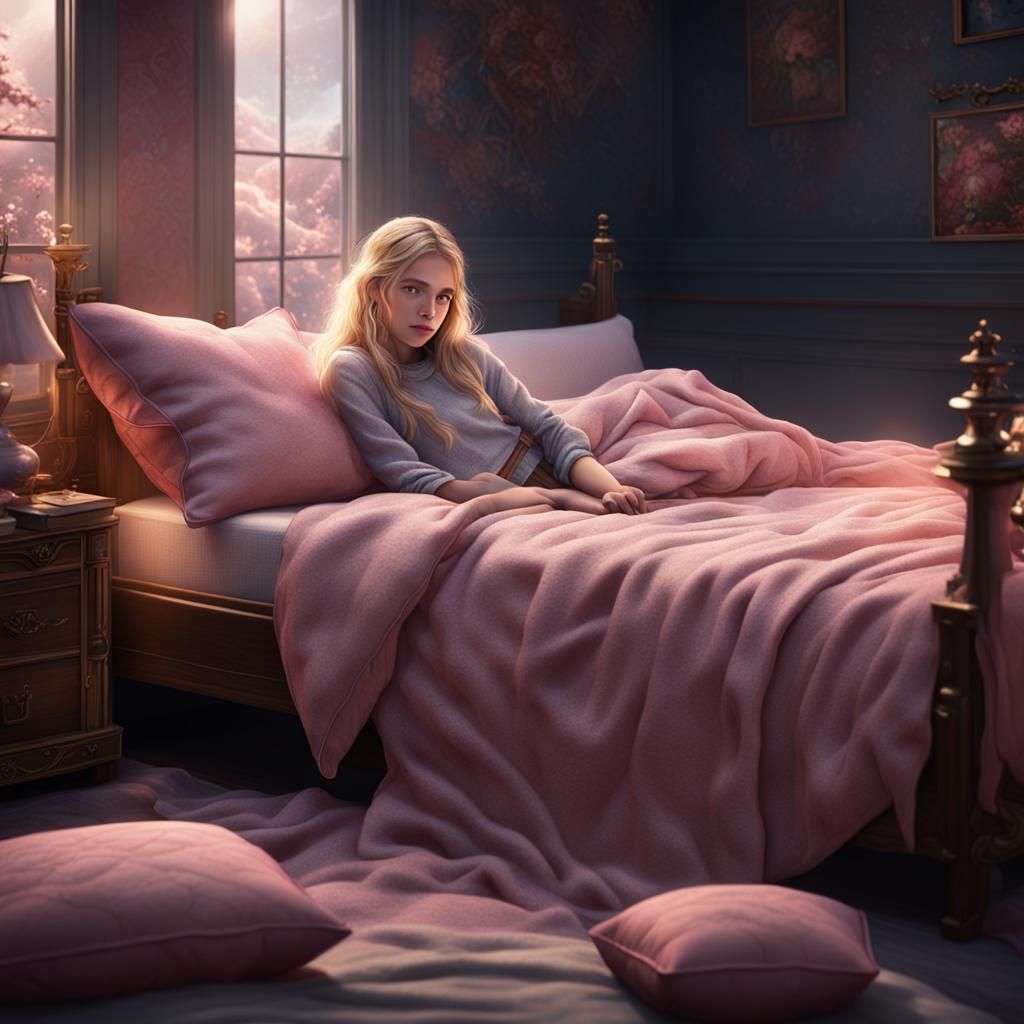 Girl with Light Hair on Bed: Fantasy Concept Art