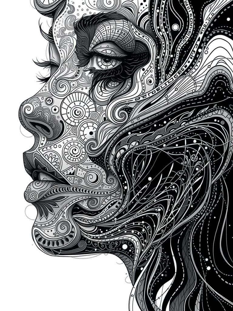 A beautiful doodle woman face ,black and white with hazel go...