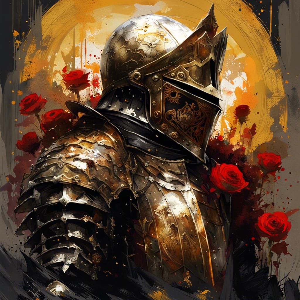Gothic Knight in Field of Roses, Gouache Style
