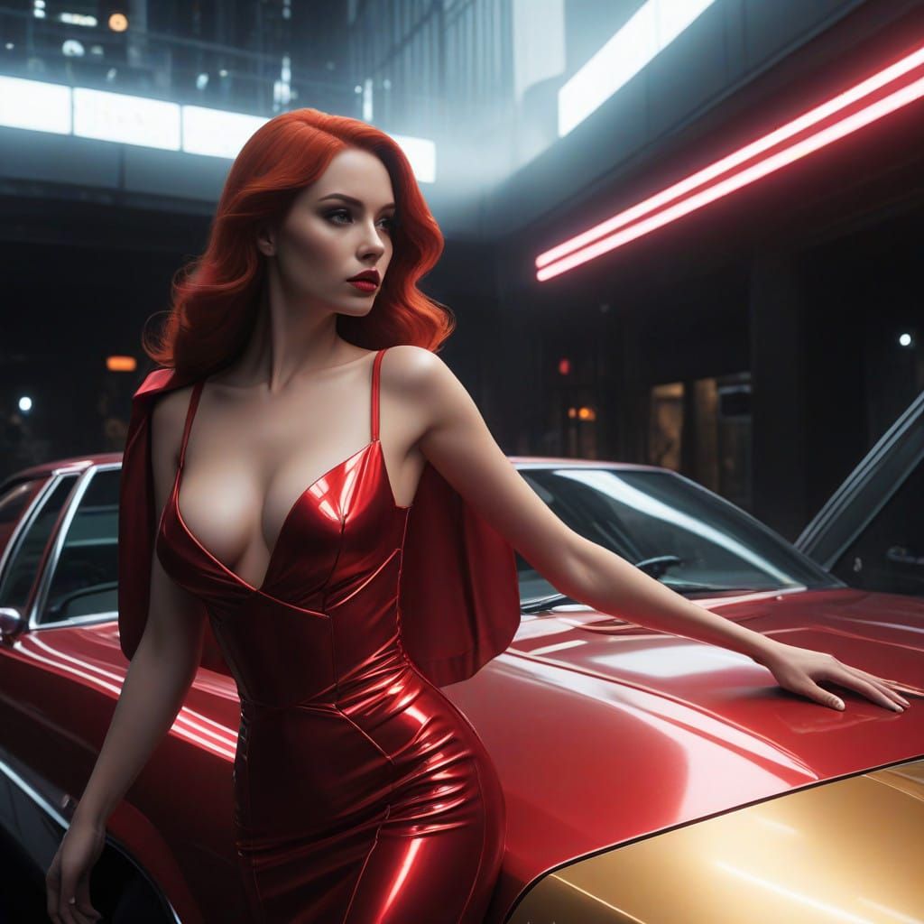 Glamorous Retro-Futuristic Pin-Up Girl in Neon Metropolis