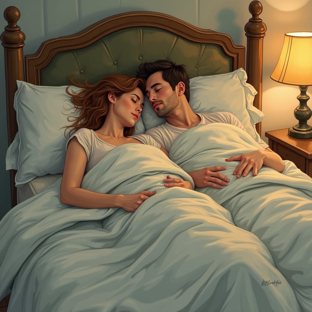 Cozy Couple Embrace in Bed, Rockwell-esque Style