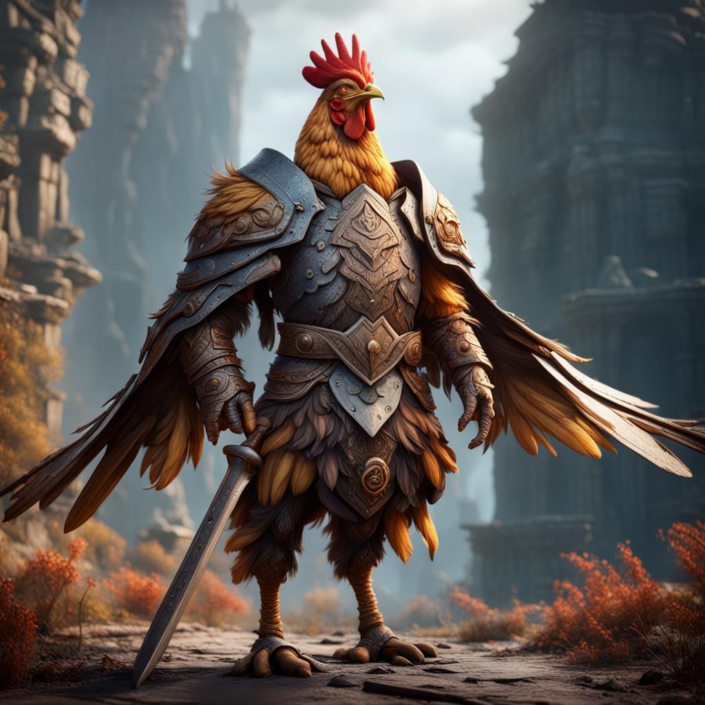 Chicken Warrior: Detailed Matte Painting in Deep Color