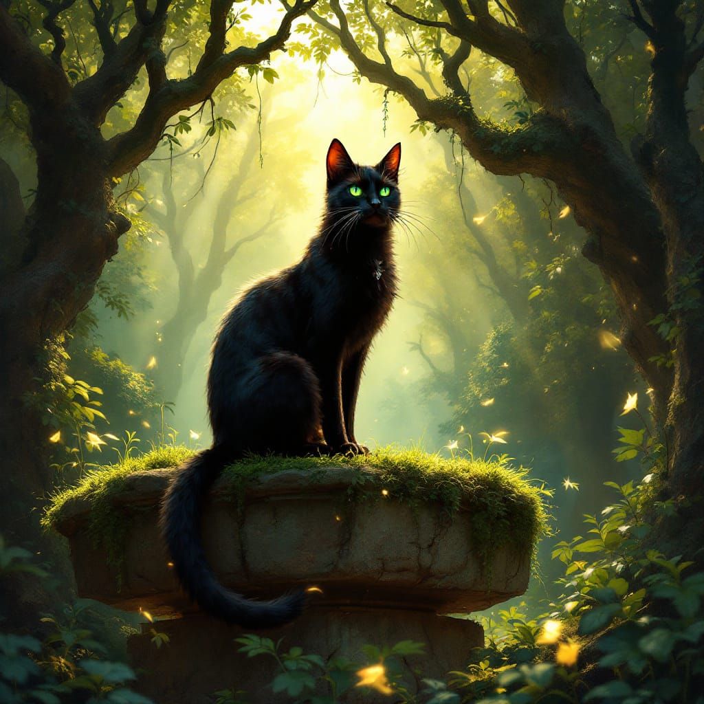 Majestic Black Cat on Ancient Altar in Enchanted Forest
