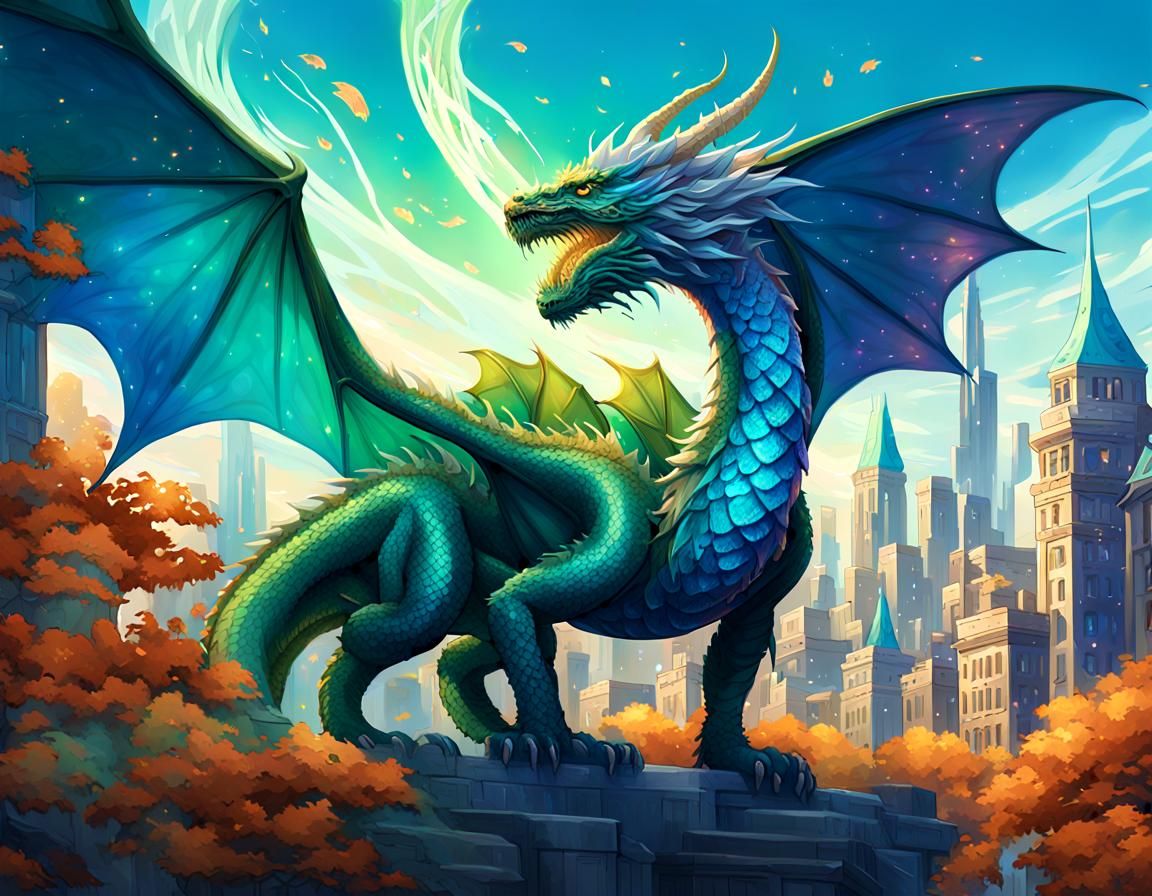 Iridescent Dragon Lands Before Crystalline City