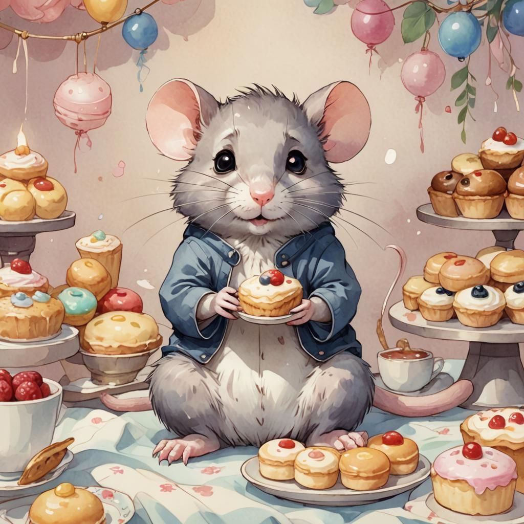 Cute Cartoon Rat with Pastry: Kawaii Anime Art