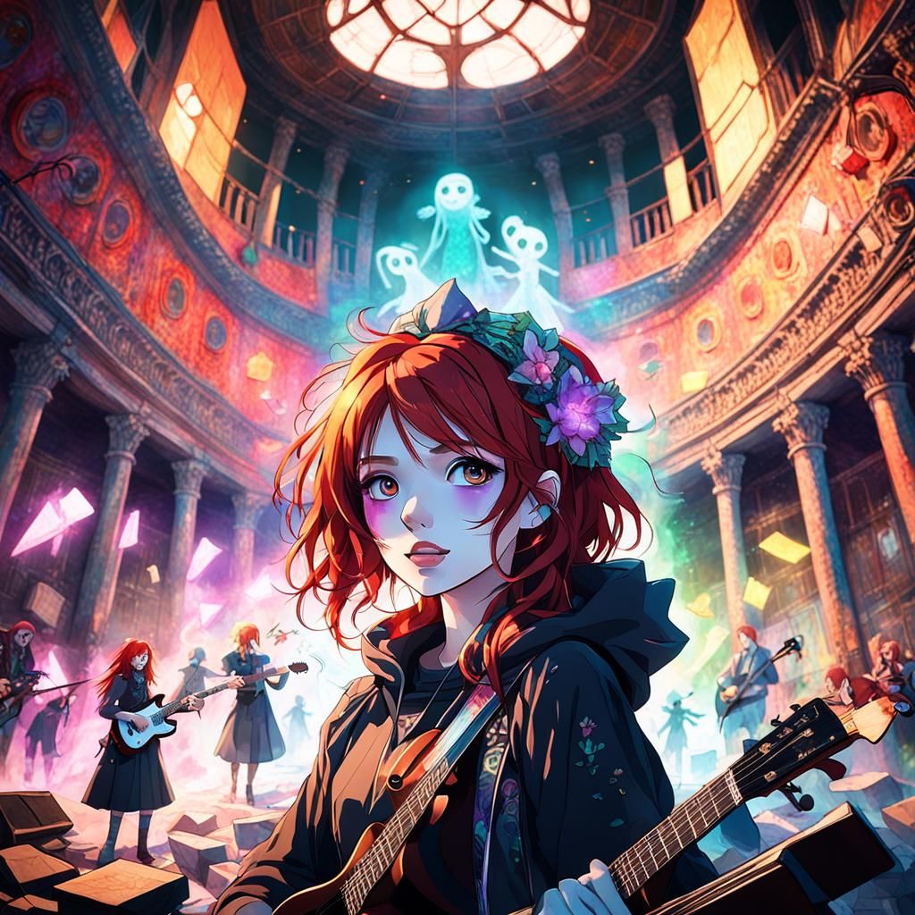 Anime Musician with Ghost Friends in Concert Hall