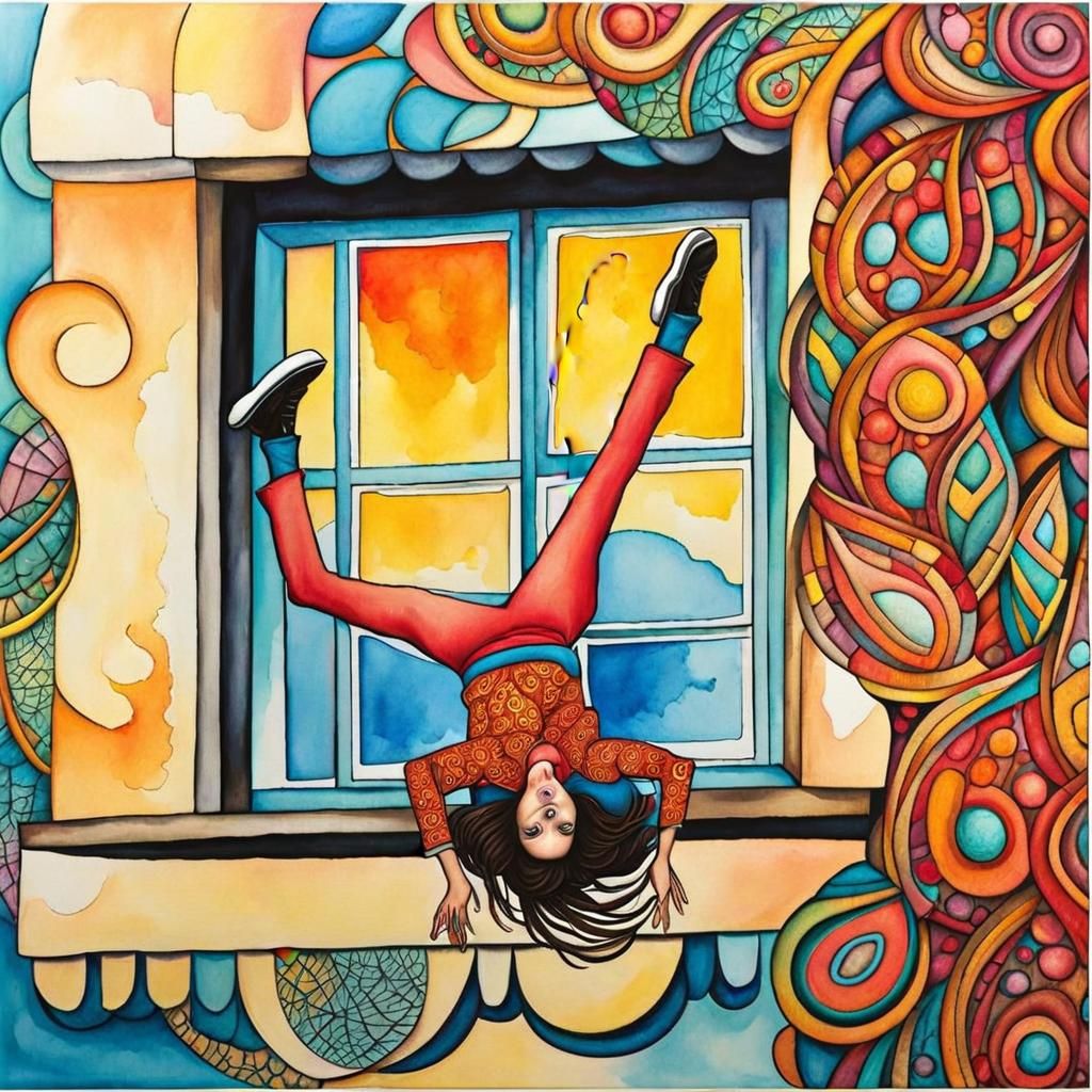Woman Falling Upside Down in Zentangle Ink Art