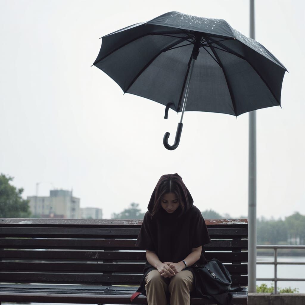 Man Shields Sad Woman from Rain on Park Bench