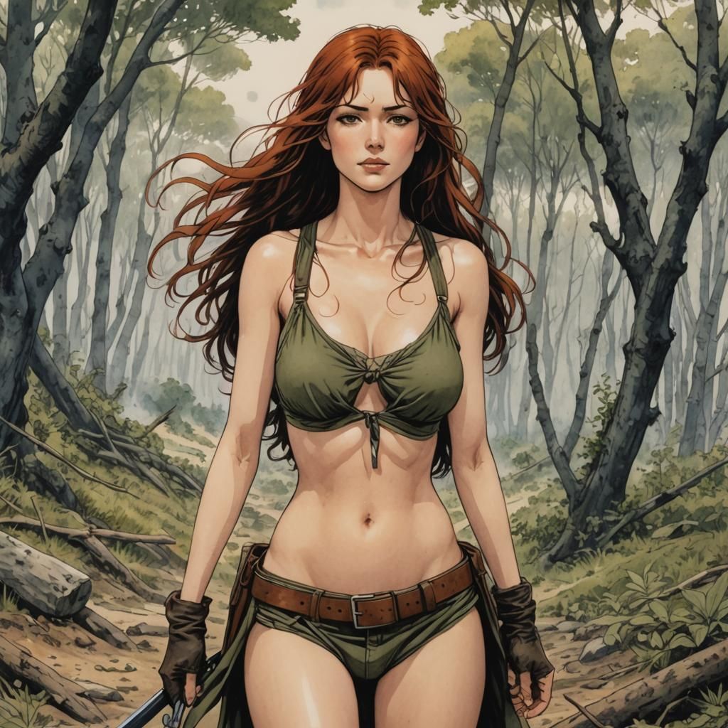 Nude Redhead in Battlefield, Manara Comic Style