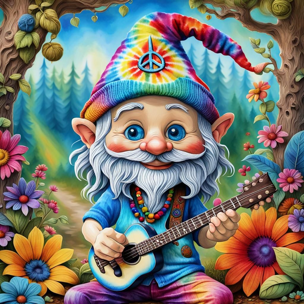 Whimsical Hippie Gnome Guitarist in Caricature Art