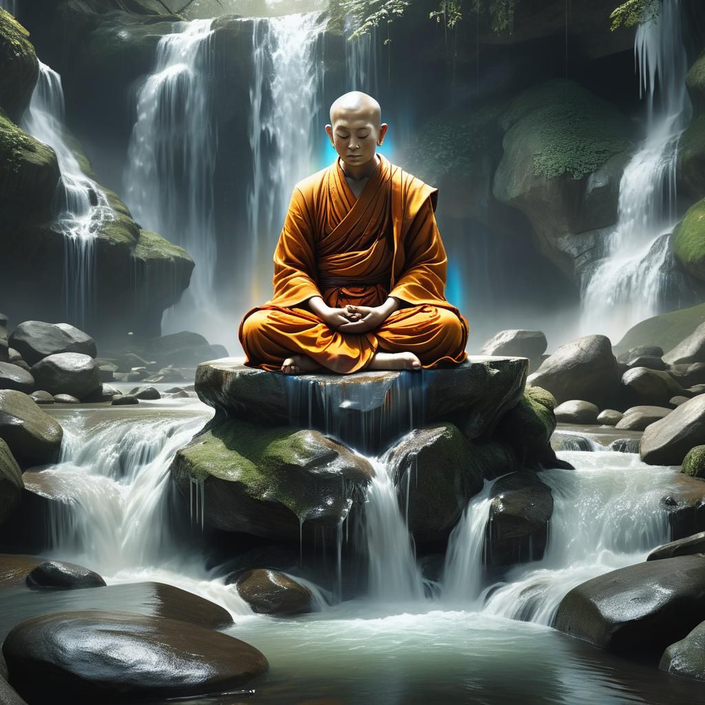 Monk Meditating by Waterfall in Baroque Fantasy Style