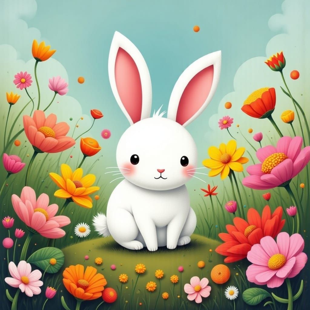 Whimsical White Bunny in Vibrant Flower Field