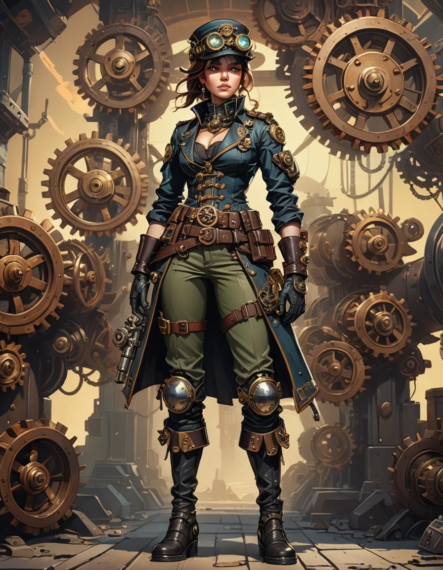 Technopunk Cartoon Portrait of a Woman in Uniform