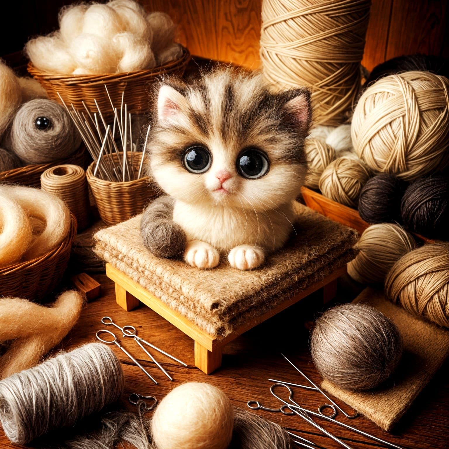 Cute Felt Kitten in Cozy Workshop
