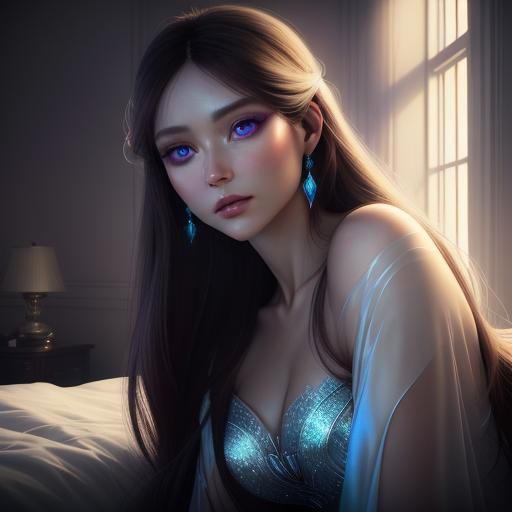 Ethereal Angel Woman in Cozy Bedroom, Digital Art