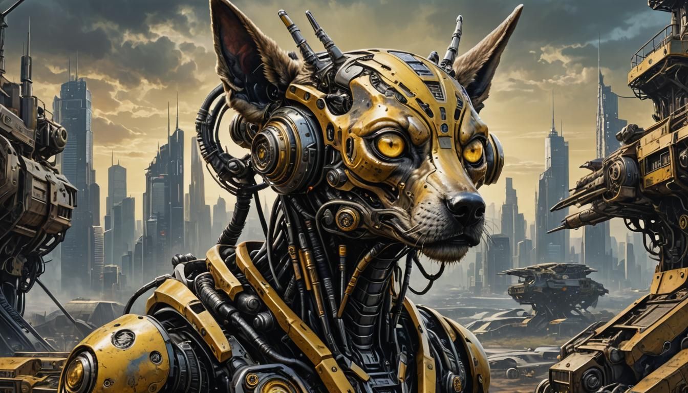 Cybernetic Alien Canine in Dystopian Landscape