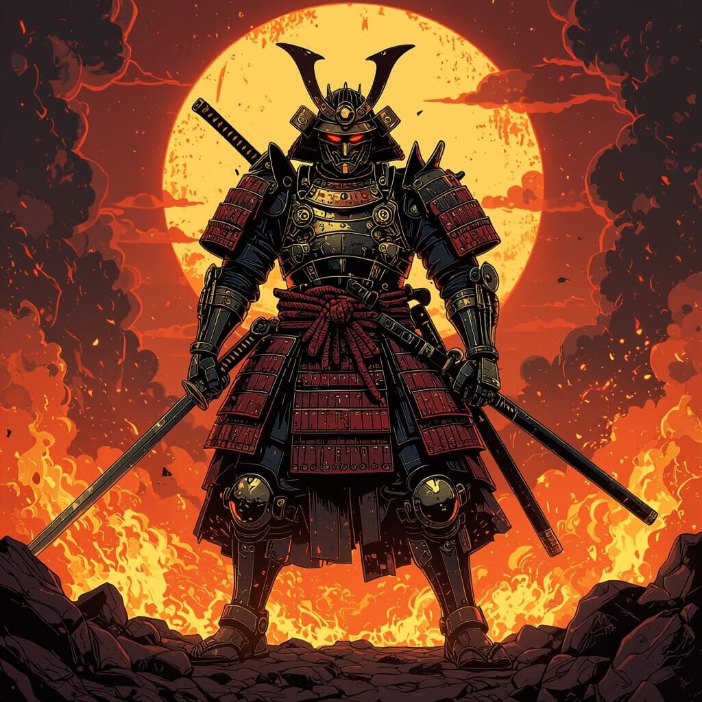 Steampunk Samurai in Hell, Ukiyo-e Style
