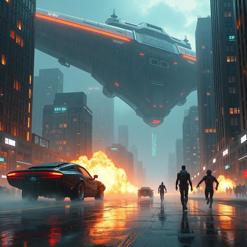 Futuristic Cityscape Battle in Cyberpunk Style