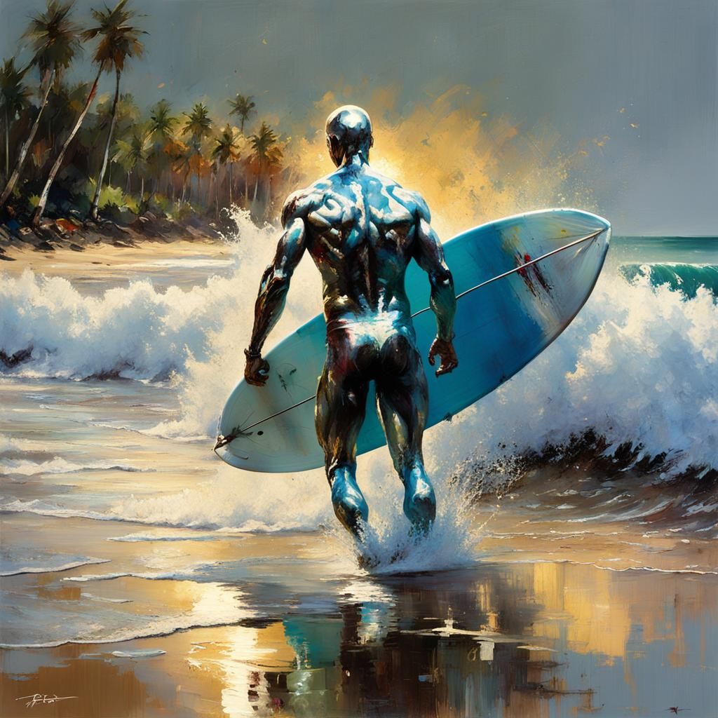 Marvel's Silver Surfer surfing on a tropical beach