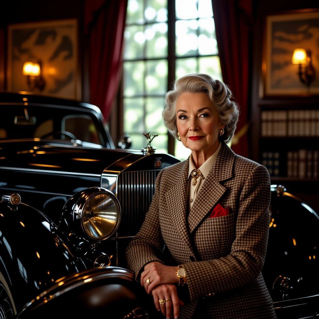 Elegant Woman in Suit Beside Vintage Car
