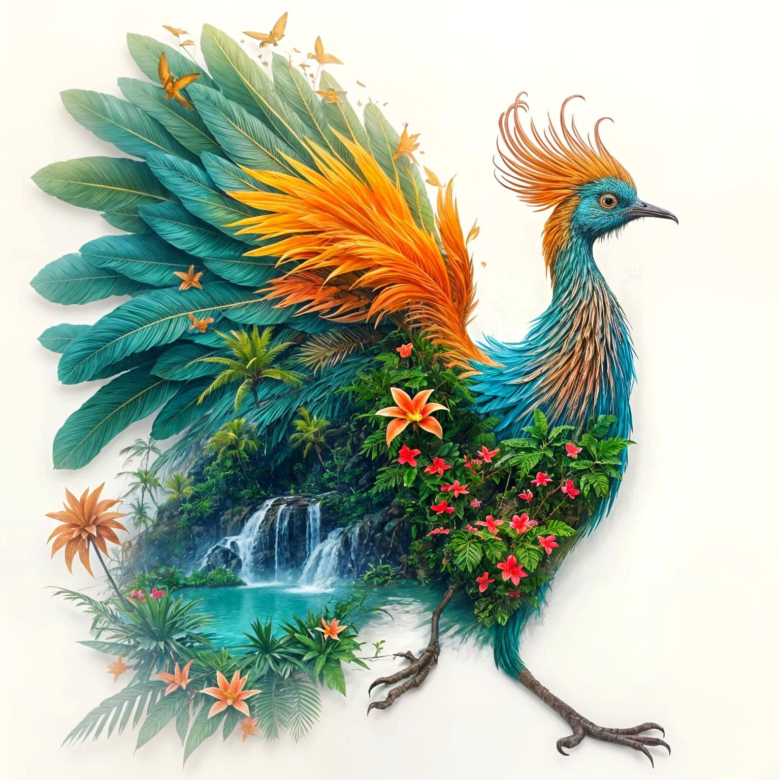 Lyrebird Double Exposure with Tropical Landscape