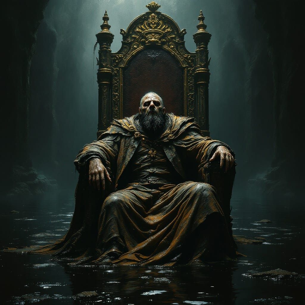 A Fallen King's Despair in a Flooded Throne Room
