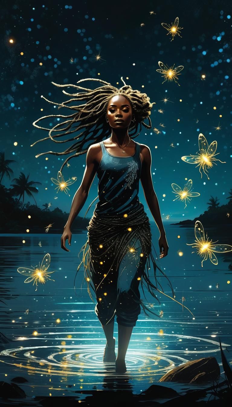 Girl with Fireflies on Beach in Doré Astral Style