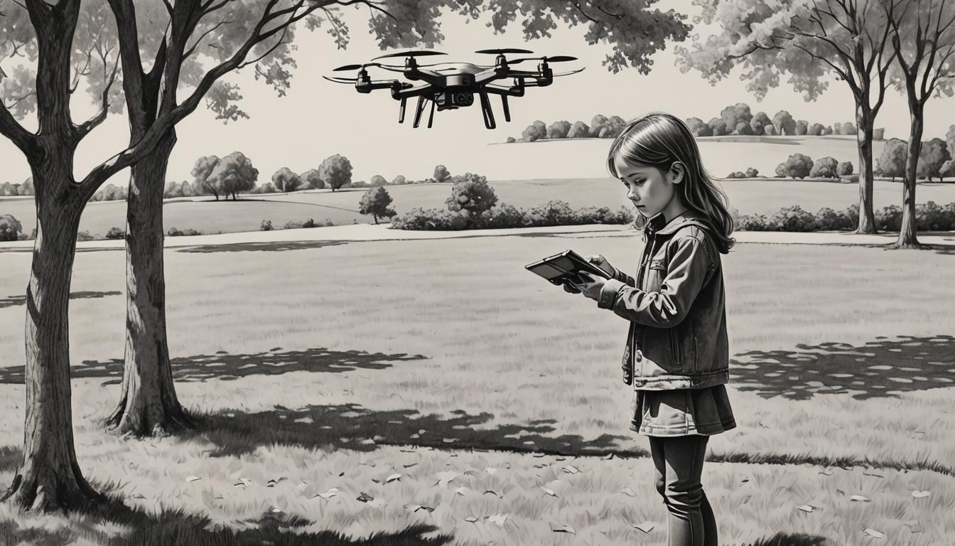 Girl with Drone: Pen and Ink Monochrome Drawing