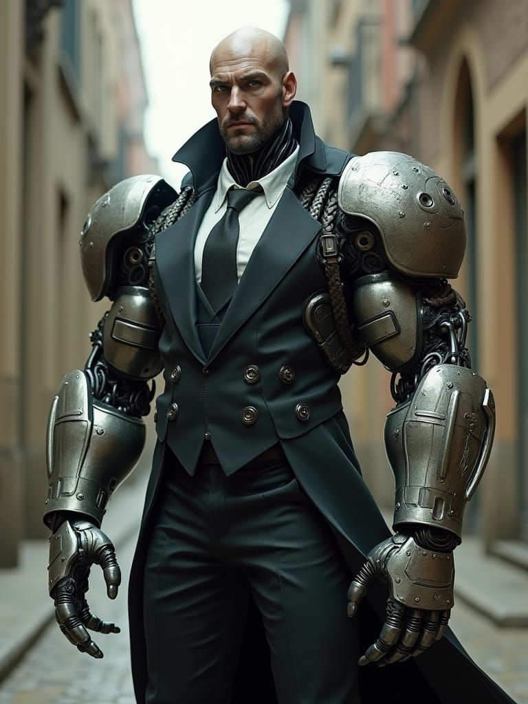 Tactical Cyborg Butler in Industrial Futuristic Style