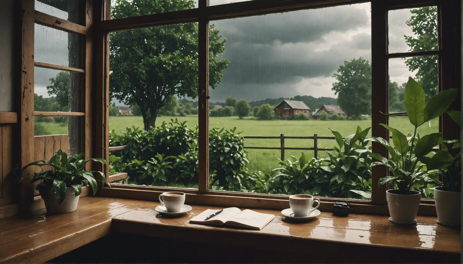 Cozy Rainy Day Cafe Scene in Watercolor Style