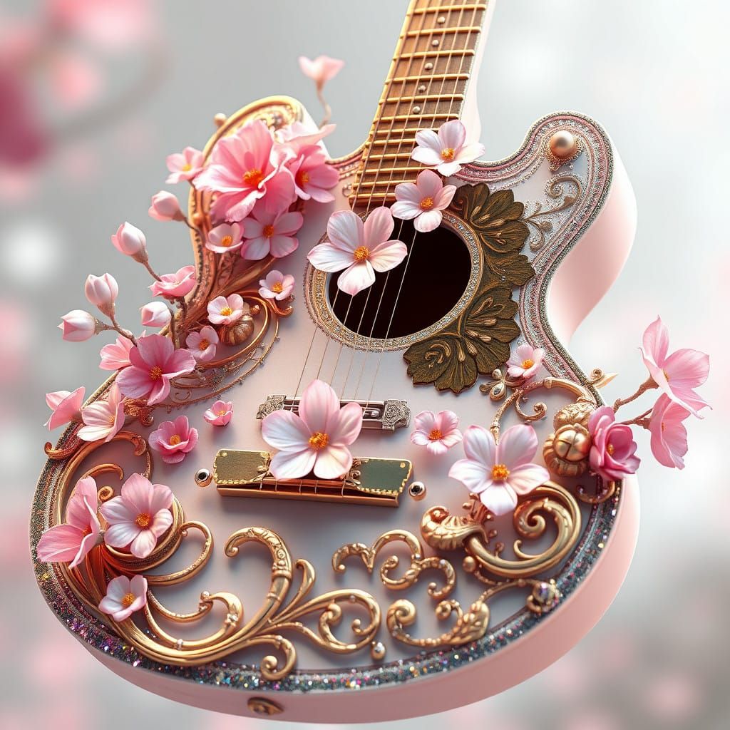 Spectacular Guitar Blooms with Glittering Flowers in Vibrant...