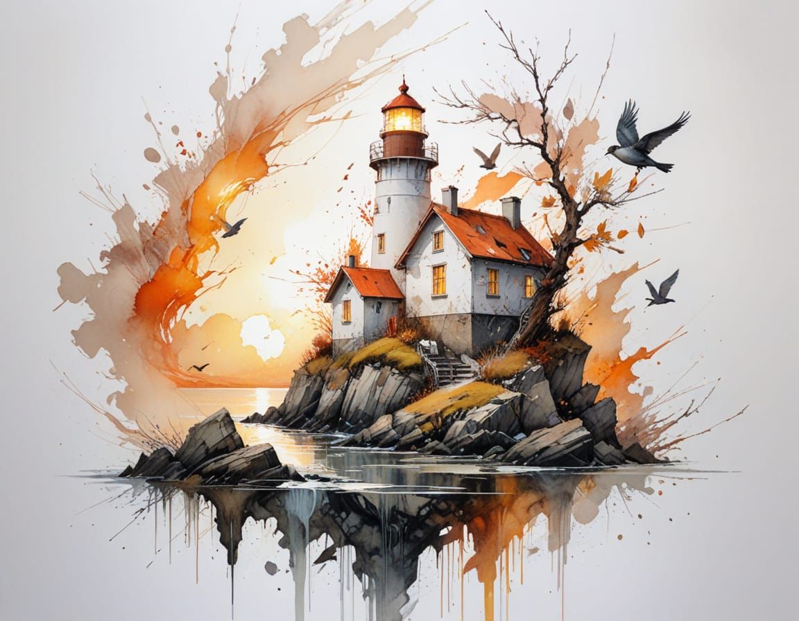 Fantasy Cottage and Lighthouse by Sunset