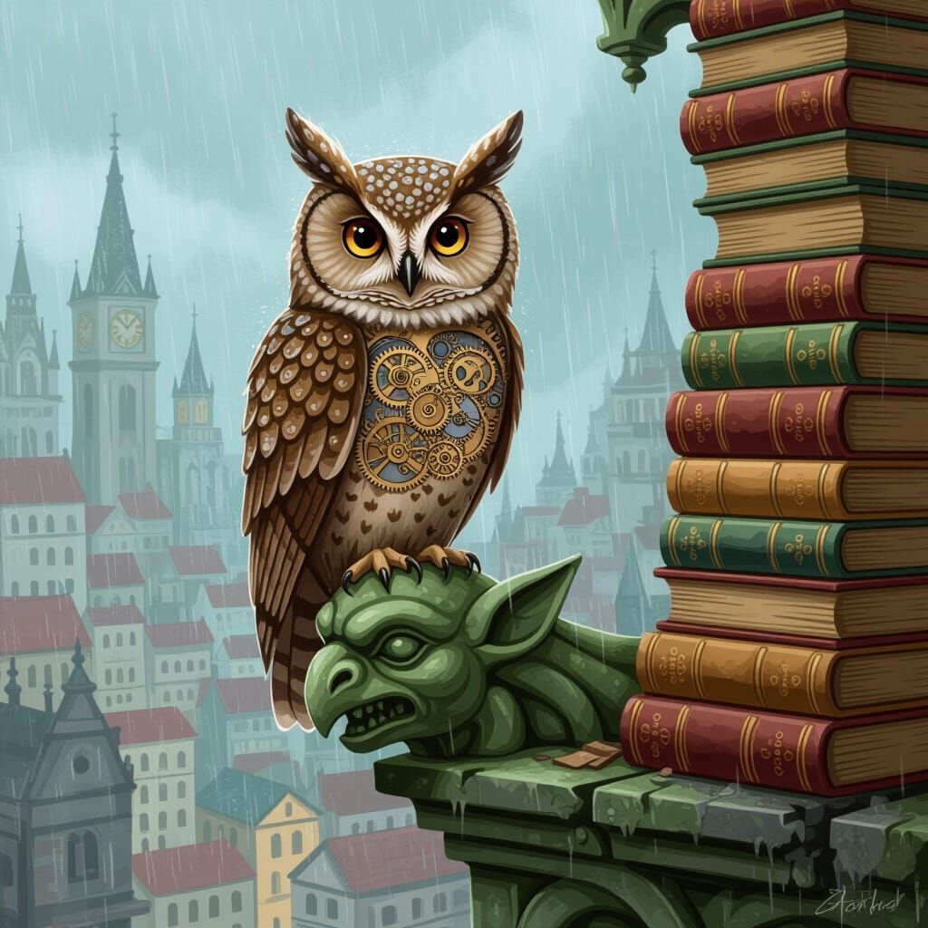 Clockwork Owl on Gargoyle Overlooking Book City, Whimsical F...