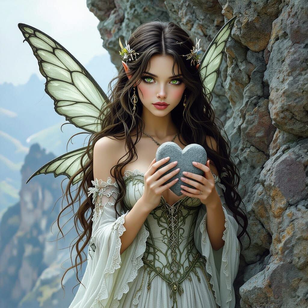 Brunette Fairy with Stone Heart on Mountain Cliff