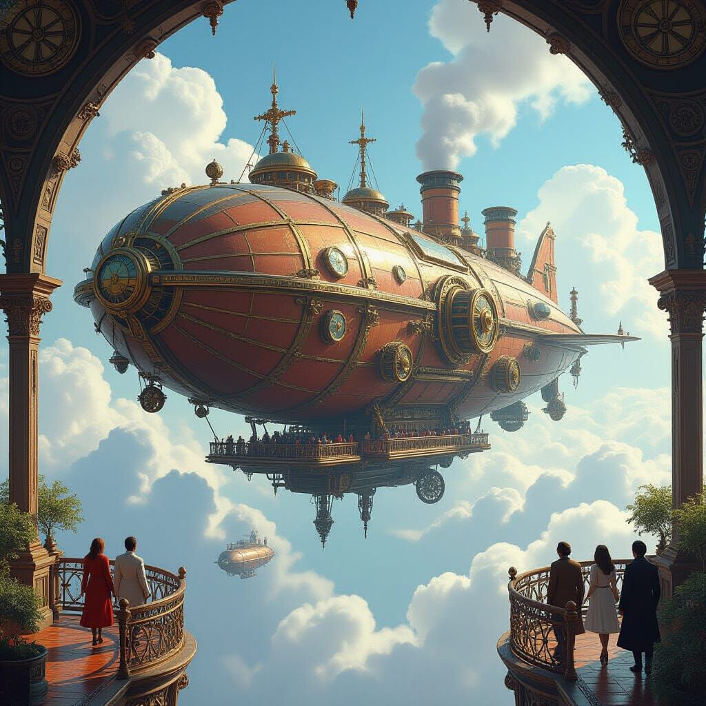 Steampunk Airship Docks at Floating City in Art Nouveau Styl...
