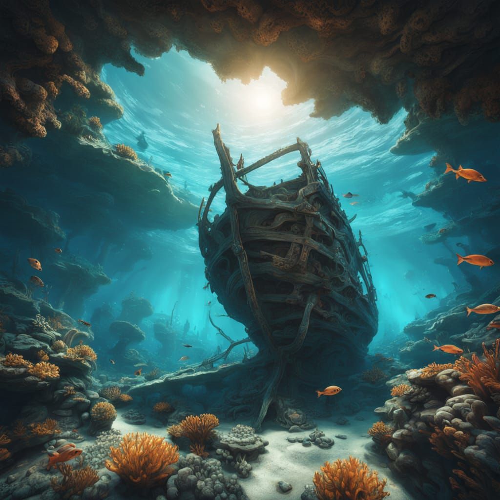 Surreal Shipwreck in Bioluminescent Coral Reef
