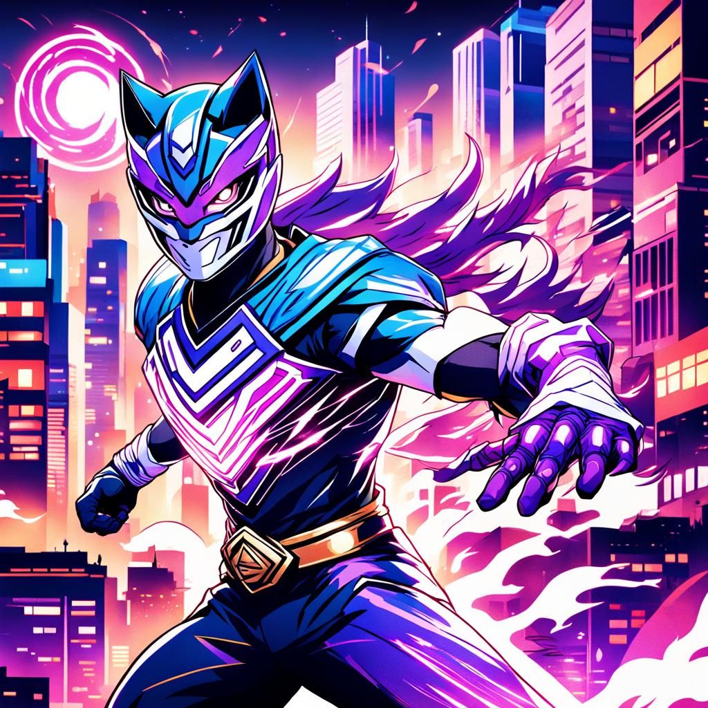 Kitsune Power Ranger with Purple Energy in Anime Style