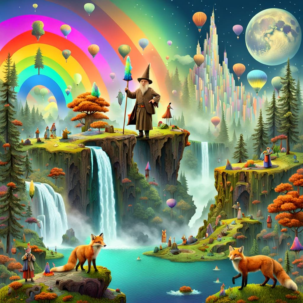 Ethereal Fox Wizard Amidst Whimsical Waterfalls in Dreamlike...
