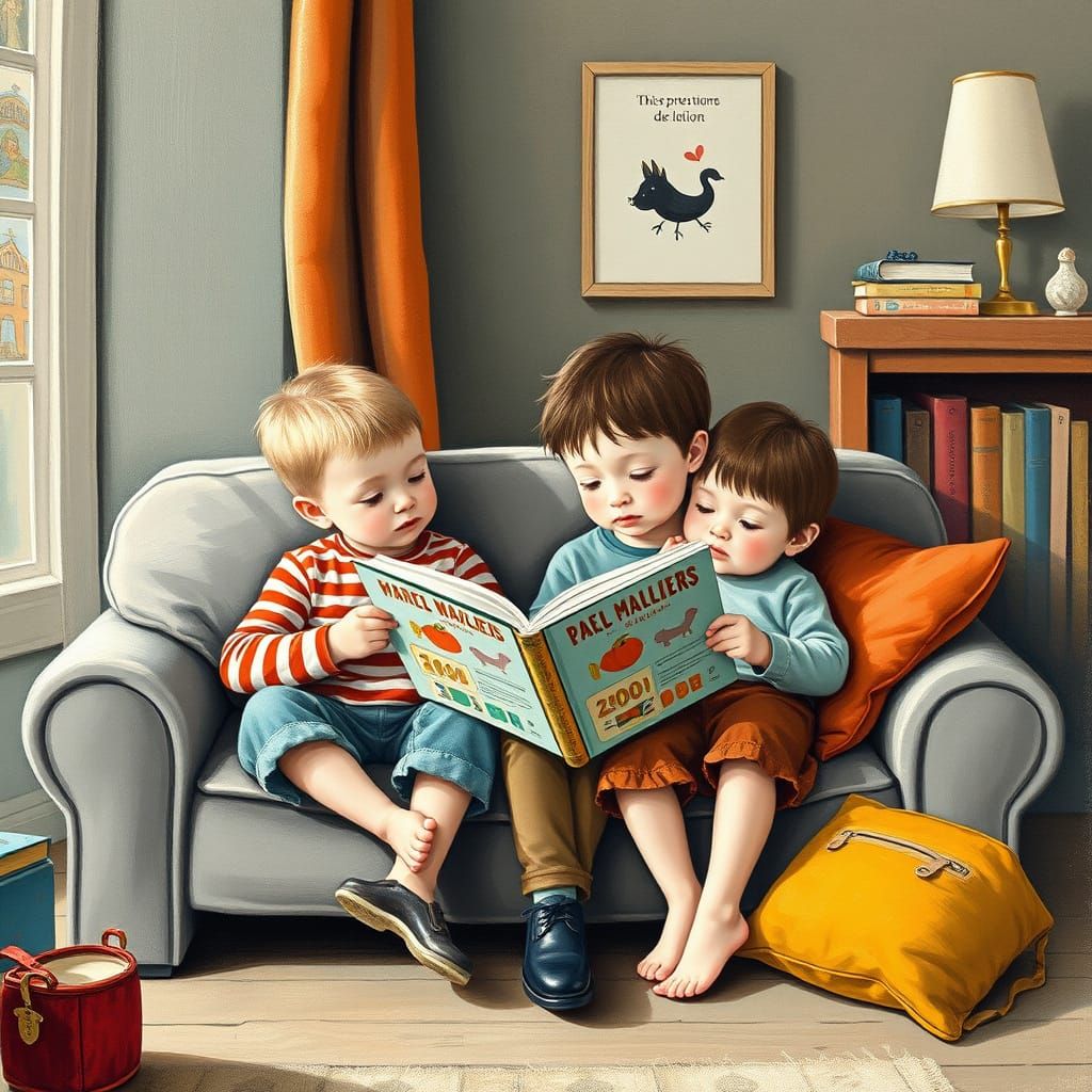 Children Reading Book in Classic Illustration Style
