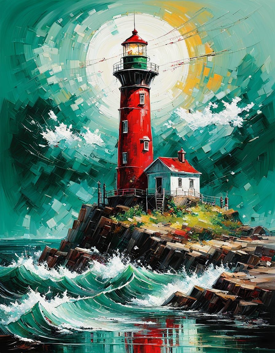 Crimson and Emerald Lighthouse in Abstract Style