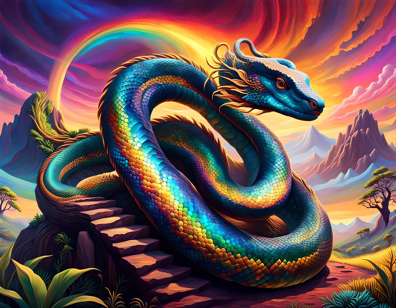 Vivid Rainbow Serpent over Ancient Dreamtime Landscape