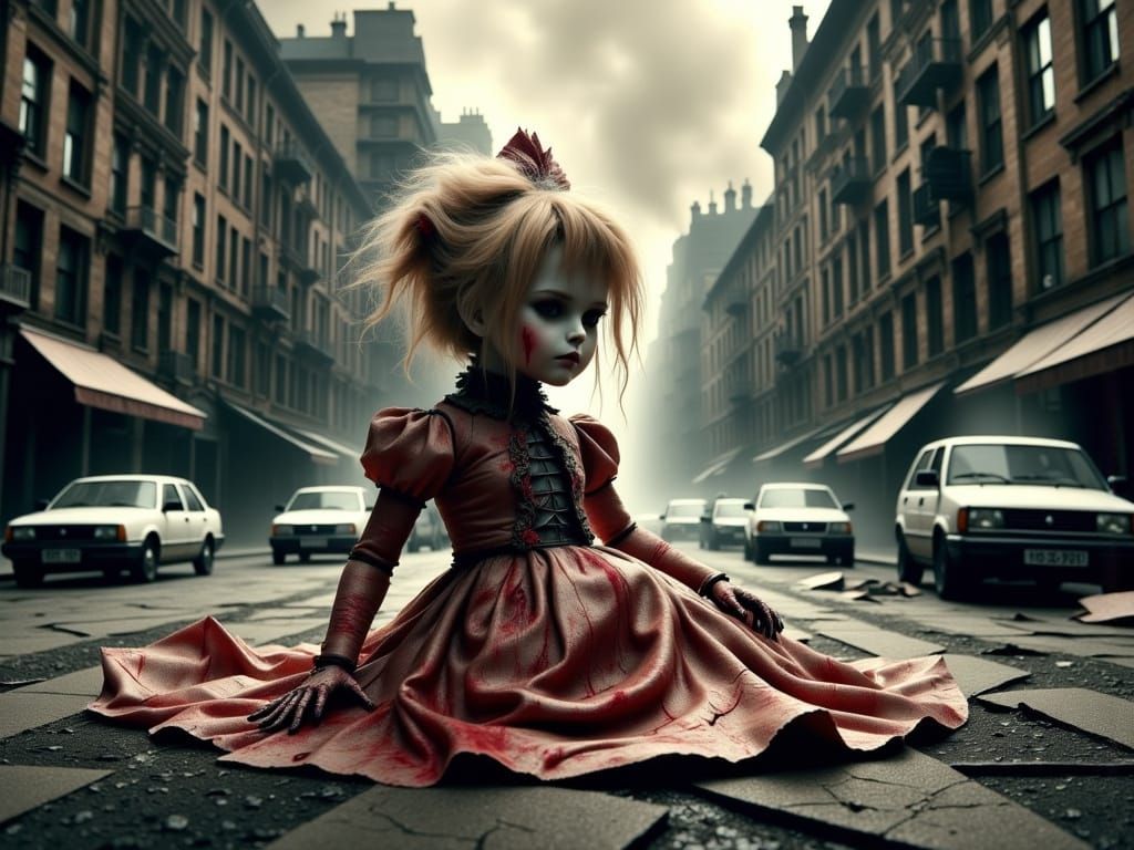 Creepy Doll in Ruined Cityscape