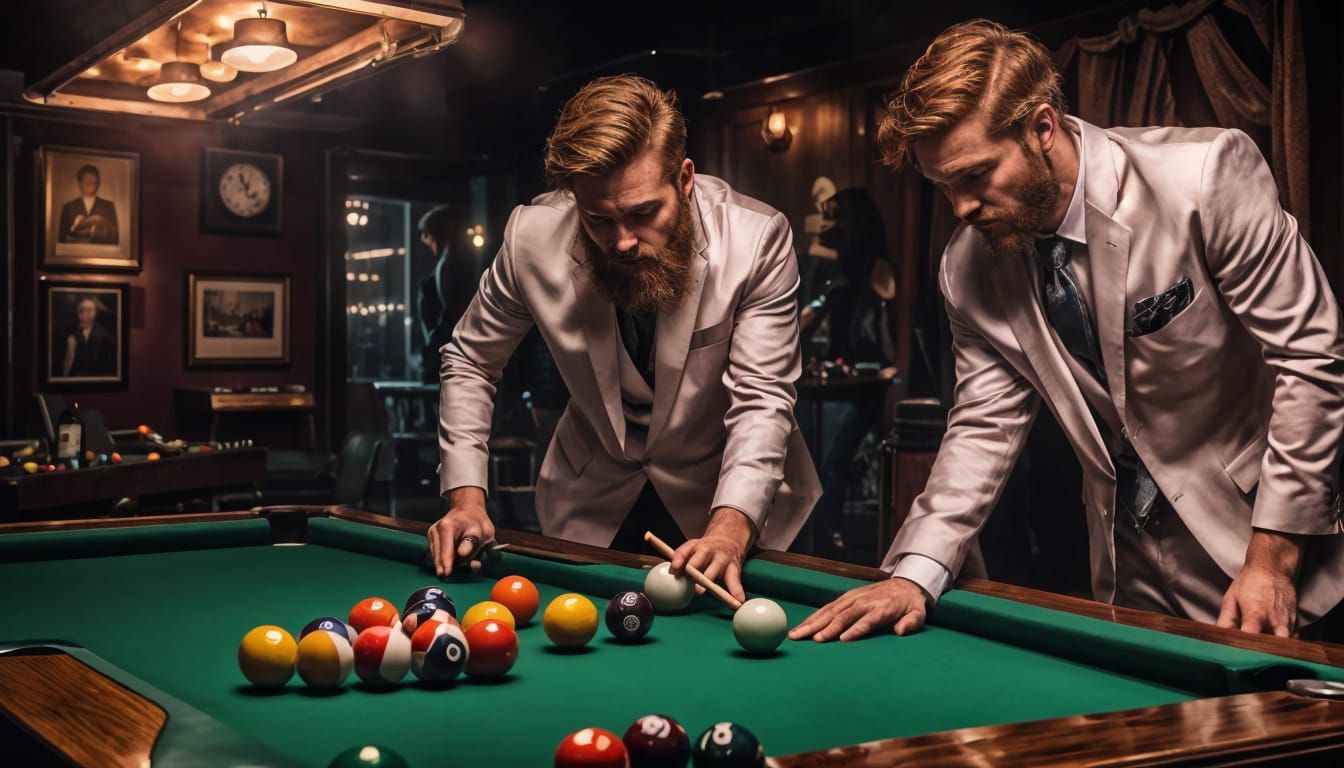 Men Play Pool in Dark Cave with Rich Colors