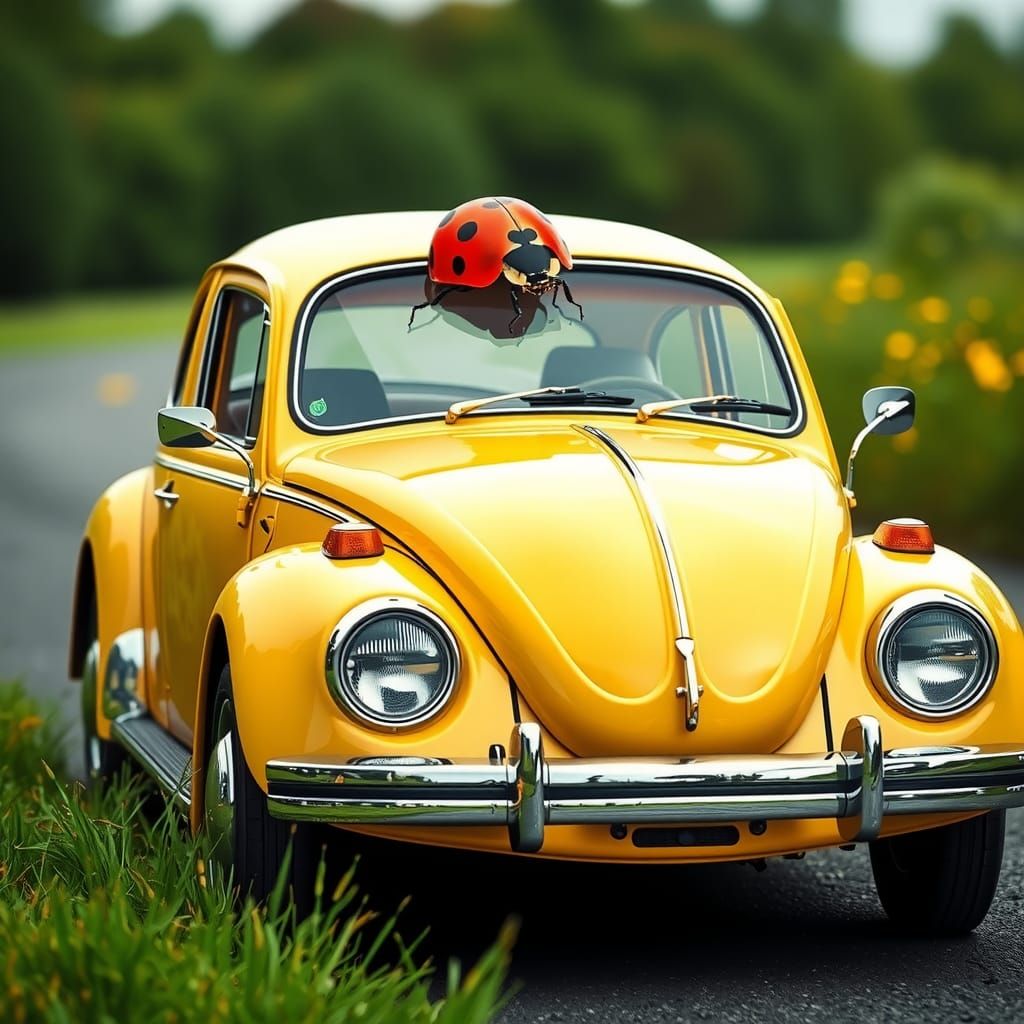 Ladybug Drives a VW Beetle