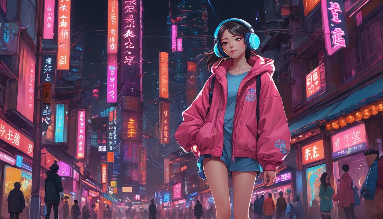 Anime Girl in Vibrant Chinese Cityscape