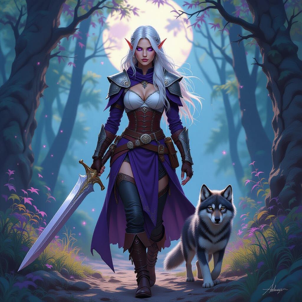 Half-Elf Warrior with Wolf Cub in Mystical Forest