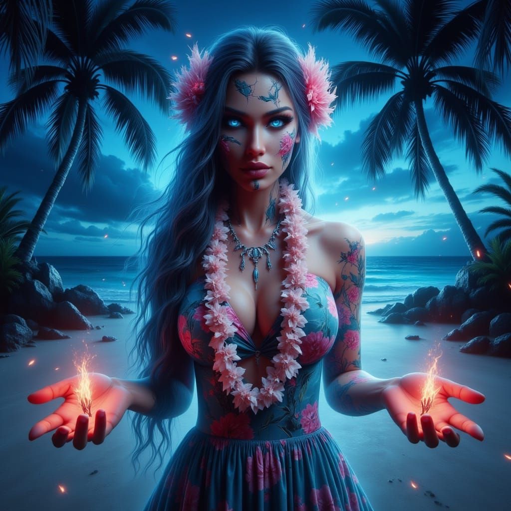 Polynesian Woman Welcomes in Synthwave Tropical Beach Scene