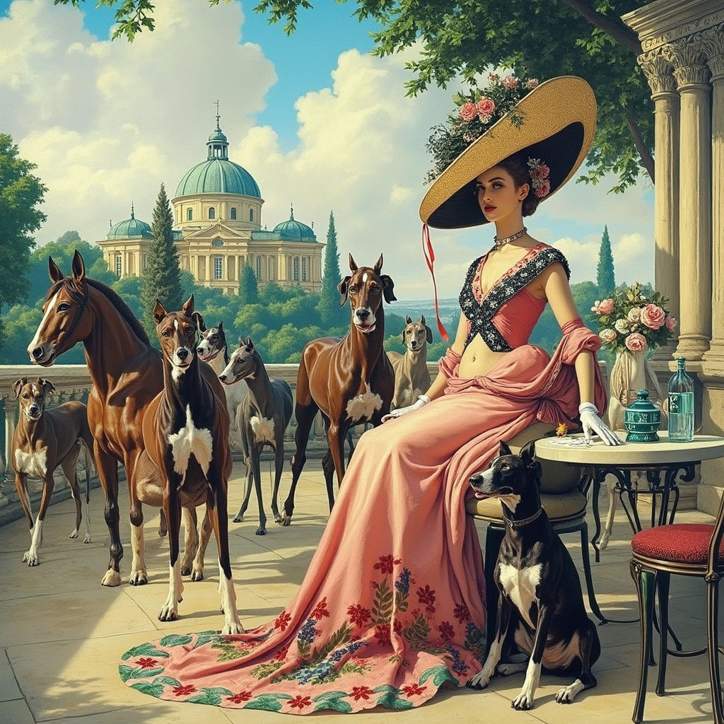 Elegant Woman with Greyhounds in Impressionist Oil Painting